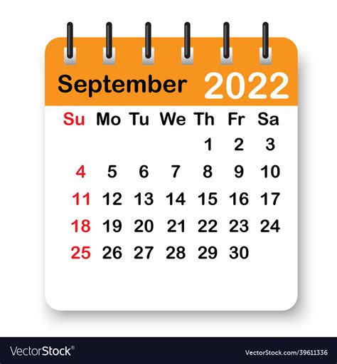 Orange Calendar Page On Spiral September 2022 Vector Image