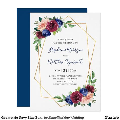 Romantic Watercolor Burgundy Navy Floral Geometric Invitation Zazzle