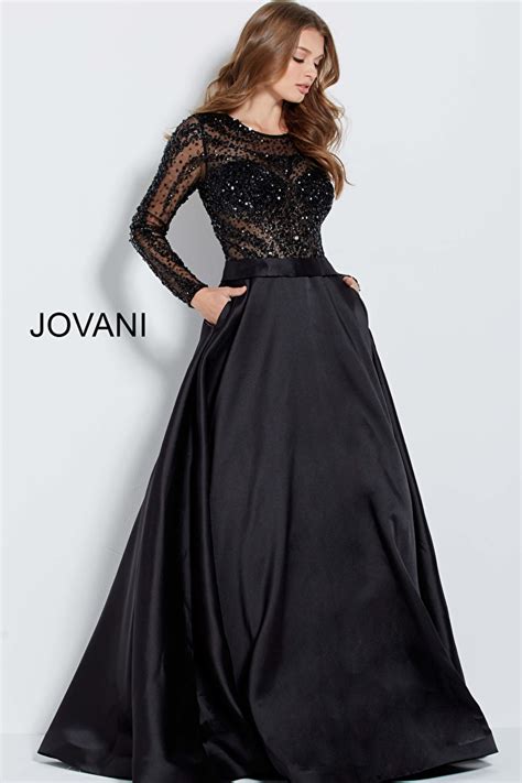 Black Long A Line Pleated Skirt Long Sleeve High Neck Prom Gown