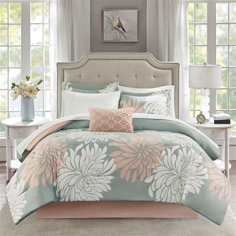 Blush Pink And Grey Floral Comforter Set And Matching Sheet Set Maible