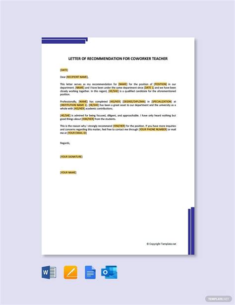 Letter Of Recommendation For Coworker Teacher In Google Docs Pages Outlook PDF Word
