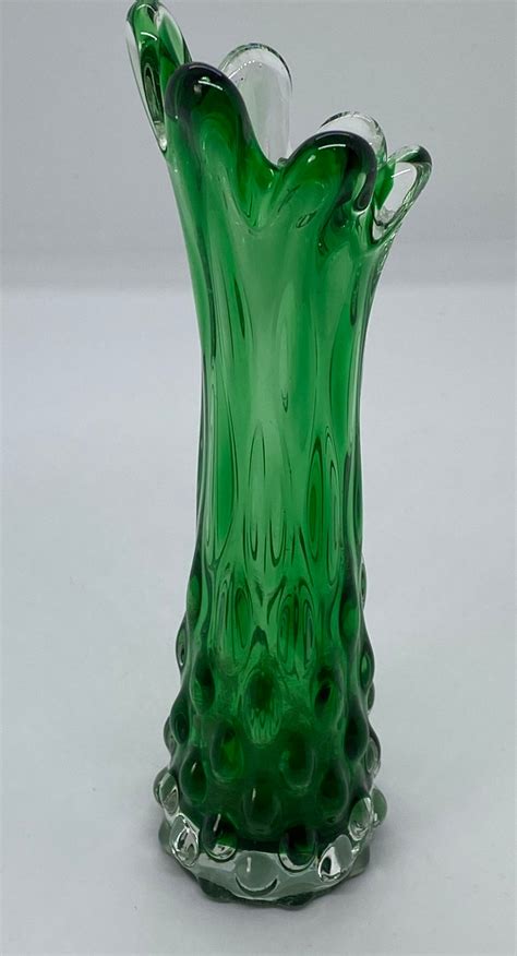 Green Glass Swung Finger Vase With Hobnail Base Green Glass Etsy