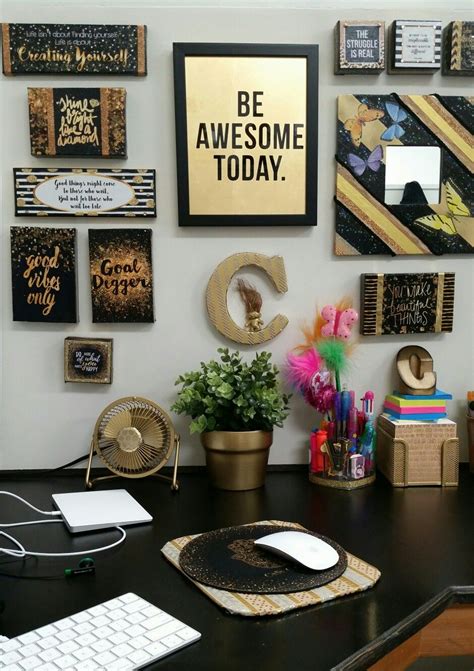 Decorated My Plain White Cubicle With Black And Gold Decor