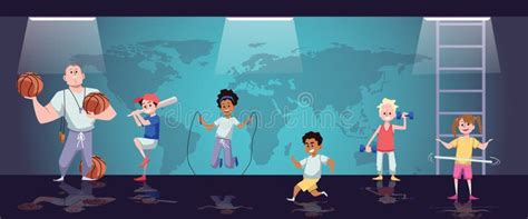 School Gym With Children At Physical Education Lesson Flat Vector