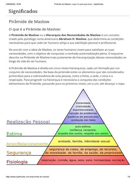 Pirâmide De Maslow O Que É E Para Que Serve Significados Pdf