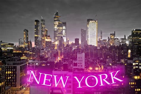 Epic Skyline Of New York City With Pink Neon Sign Night View Stock