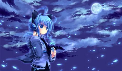Your blue background stock images are ready. Download 1024x600 Anime Girl, Moon, Blue Hair, Headphones, Clouds, Mood Wallpapers for ...