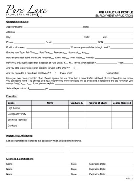 2012 Form Pure Luxe Job Application Fill Online Printable Fillable