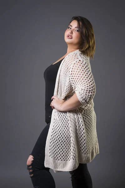 Happy Plus Size Fashion Model In Casual Clothes Fat Woman On Gray