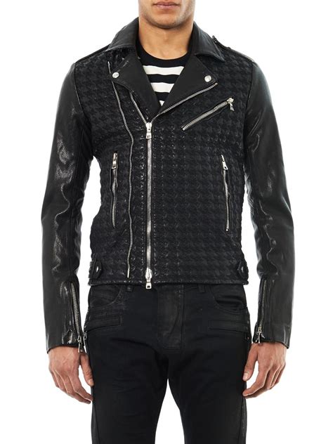 Lyst Balmain Houndstooth Leather Biker Jacket In Black For Men