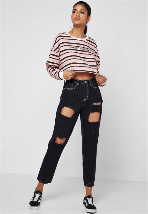 Buy Missguided Black Riot High Rise Ripped Mom Jeans For Women In Mena Worldwide