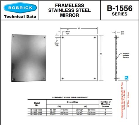 Bobrick B 1556 1830 Frameless Stainless Steel Mirrors America Bobrick International Trading