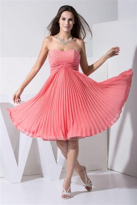 A Line Strapless Beaded Pleated Short Chiffon Prom Evening Formal Dresses Ed010906