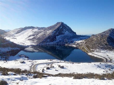 View Of Enol Lake In Winter Mountains Of Picos De Europa National Park