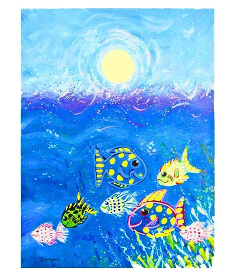 Happy Fish In The Ocean Whimsical Art Print How Blue The Etsy