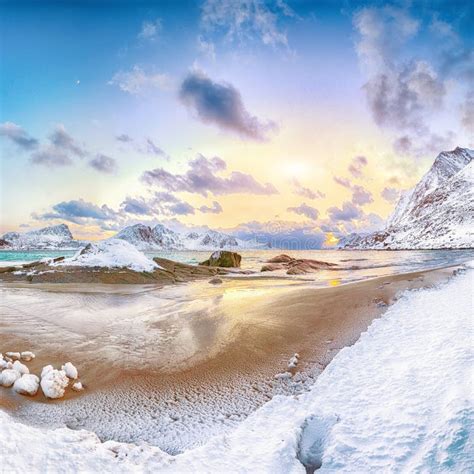 Fantastic Winter View Of Haukland Beach During Sunset With Lots Of Snow