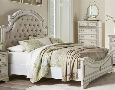 Stevenson Manor Distressed White King Upholstered Panel Bed From