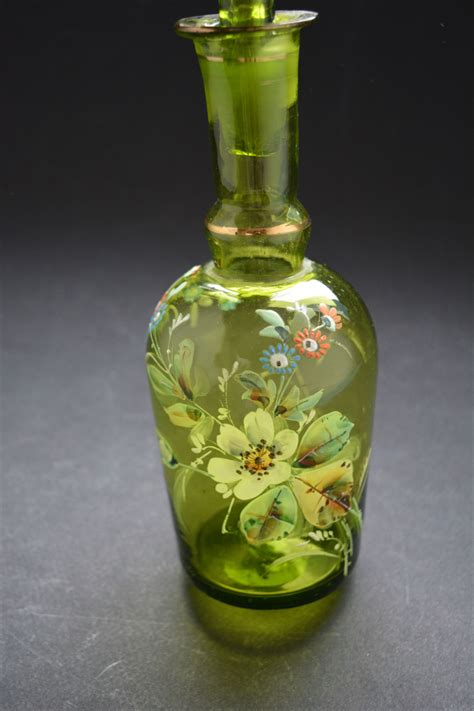 Vintage Green Glass Decanter Bottle With Stopper Hand Blown Hand