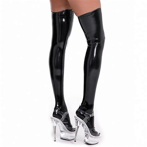 Oil Shiny Patent Leather Thigh High Stockings Women Sexy Pole Dance