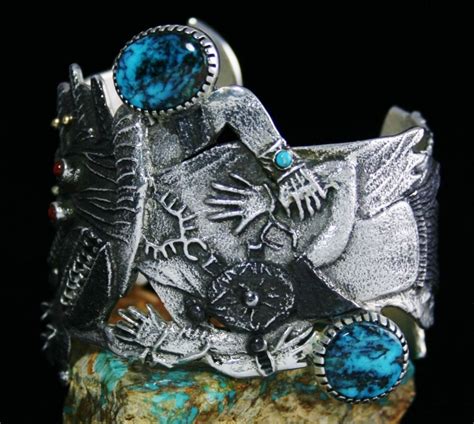 Philander Begay Apache Blue Turquoise And Coral Ogre Bracelet