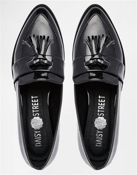 Daisy Street Black Patent Tassel Flat Loafer Shoes In Black Lyst