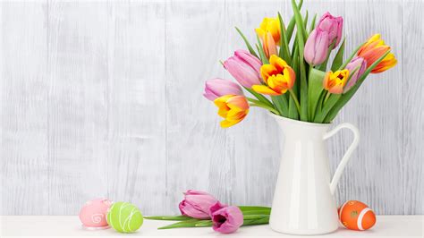 Desktop Wallpapers Easter Egg Tulips Flowers Jug Container 2560x1440