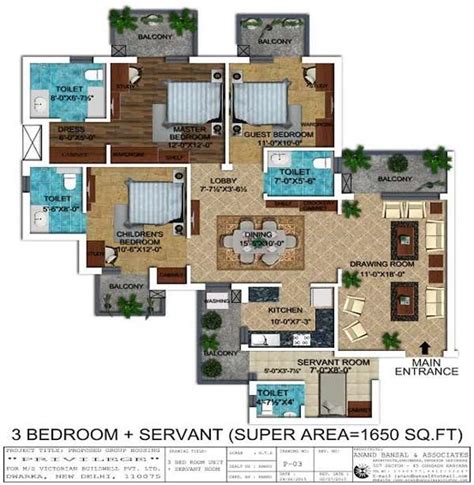 floor plan of 3 bhk flats servant room extra with super area 1650 sq ft in victorian privilege
