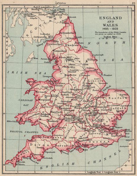 England And Wales 1485 1603 Showing Counties And Towns 1907 Old Antique Map