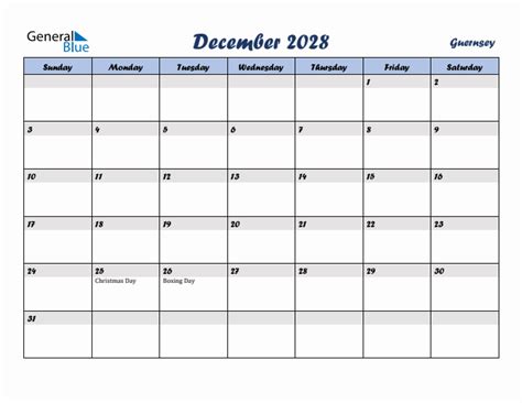 December 2028 Calendar With Guernsey Holidays