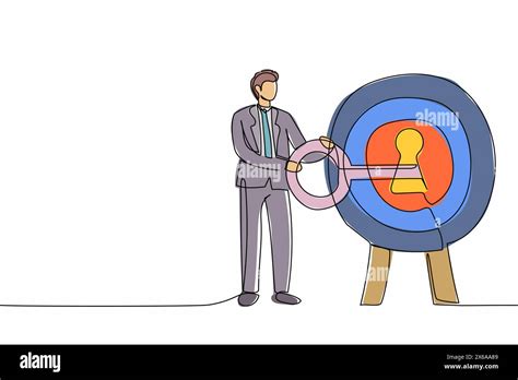 Single continuous line drawing businessman putting big key into