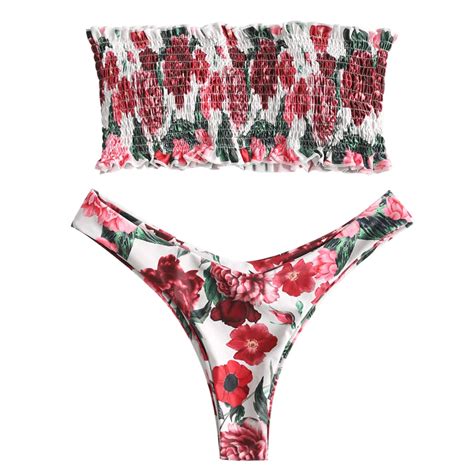 2018 Strapless Smocked Bikini Set Shirred Padded Swimwear Bandeau