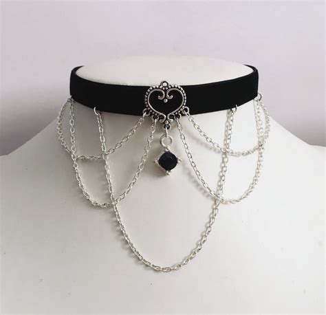 Gothic Choker Black Gem Chains Velvet Necklace Halloween Etsy Australia