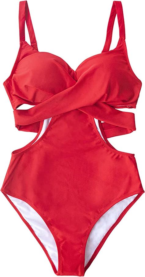 Yiyingsi Womens One Piece Swimsuit Cut Out Side Sexy Swimwear Red Lace Up Moulded Cups Lined