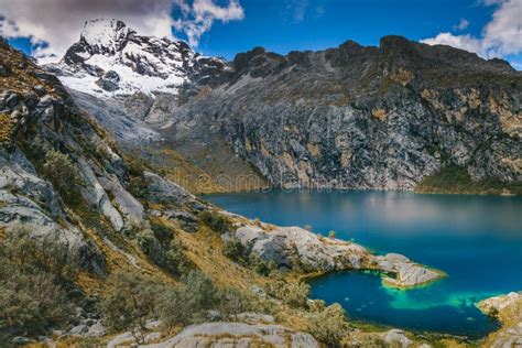 Turquoise Churup Lake In Cordillera Blanca Snowcapped Andes Ancash