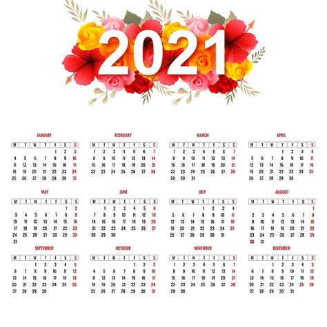 Hermoso Calendario 2021 Con Flores De Colores Vector Gratis