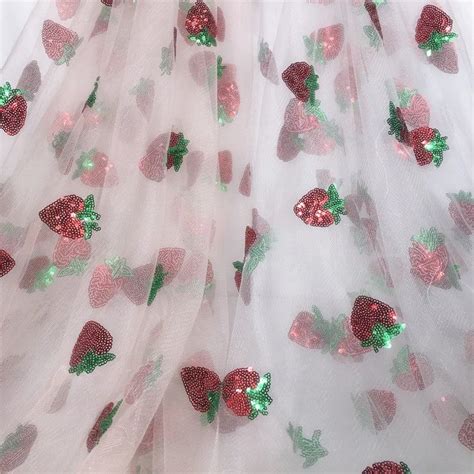 Sweet Strawberry Lace Fabric Sequined Strawberry Tulle Fabric Etsy