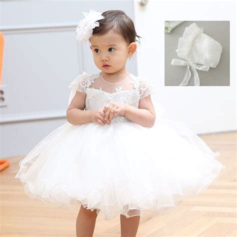 2019 Baby Girl Dress With Hat White 1 Year Old Birthday Party Formal