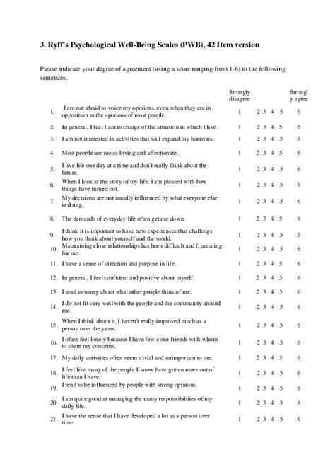 Pdf 3 Ryffs Psychological Well Being Scales Pwb 42 Item Version