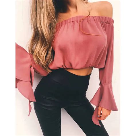 Autumn Women Sexy Slash Neck Long Flare Sleeve Boardwalk Off Shoulder