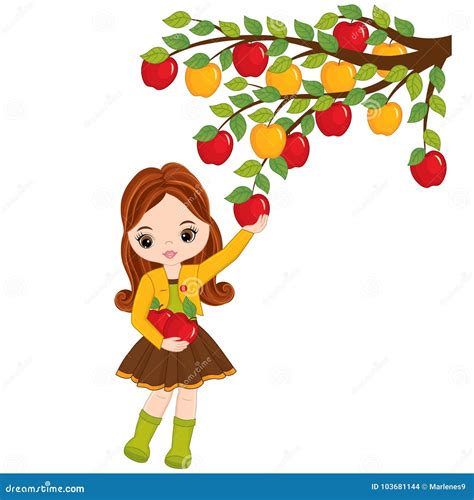 Vector Cute Little Girl Picking Apples From The Tree Stock Vector