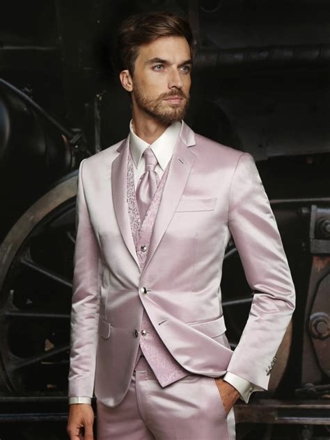 2018 Latest Coat Pant Designs Hot Pink Satin Formal Men Suit Slim Fit
