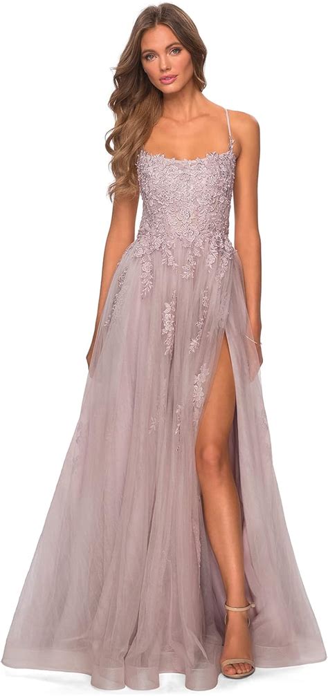 Buy Women S Spaghetti Strap Tulle Prom Dress With Slit Floral Lace