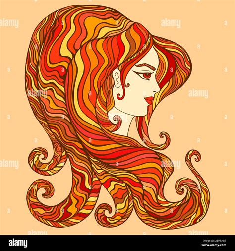Fiery Goddess Bright Orange Yellow Red Color Hair Isolated On Beige