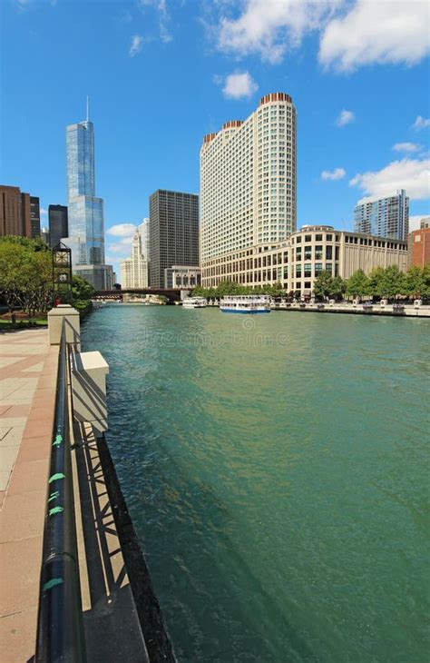 Skyline Of Chicago Illinois Along The Chicago River Vertical Stock