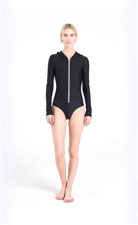 Long Sleeved Hooded Front Zip Swimsuit Black Cover Swim