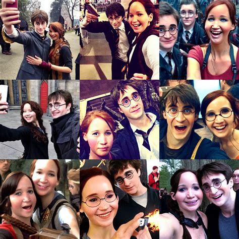 miranda otto, posing for a selfie with harry potter, | Stable Diffusion