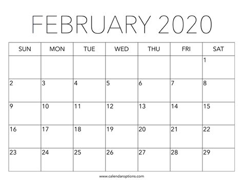 Printable February 2020 Calendar Calendar Options