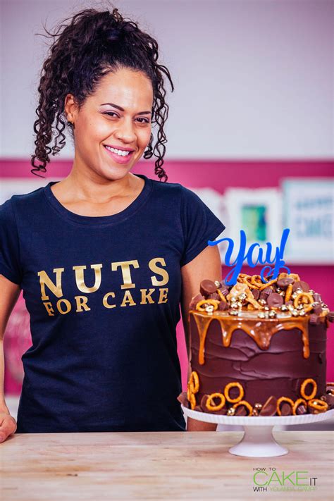 A Woman Standing In Front Of A Chocolate Cake With Nuts On It And The Words Nuts For Cake