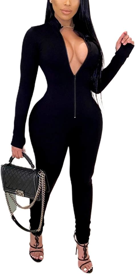 Ladys Jumpsuit Long Sleeve Sexy Deep V Neck Front Zipper Bodycon Black