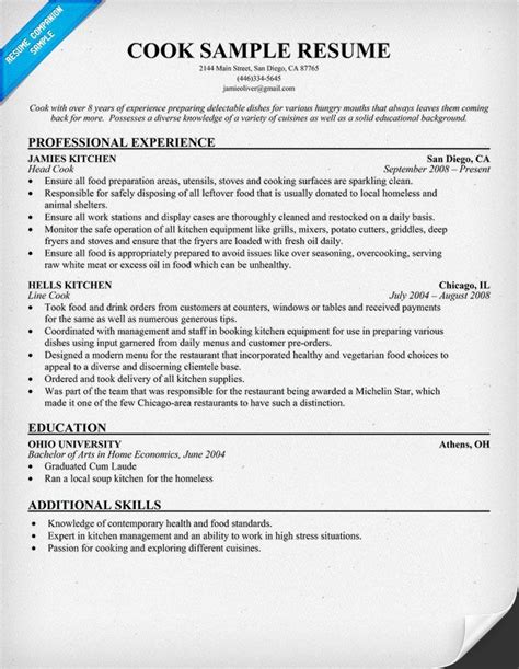 Cook Resume Sample Resume Companion Resume Examples Cover Letter